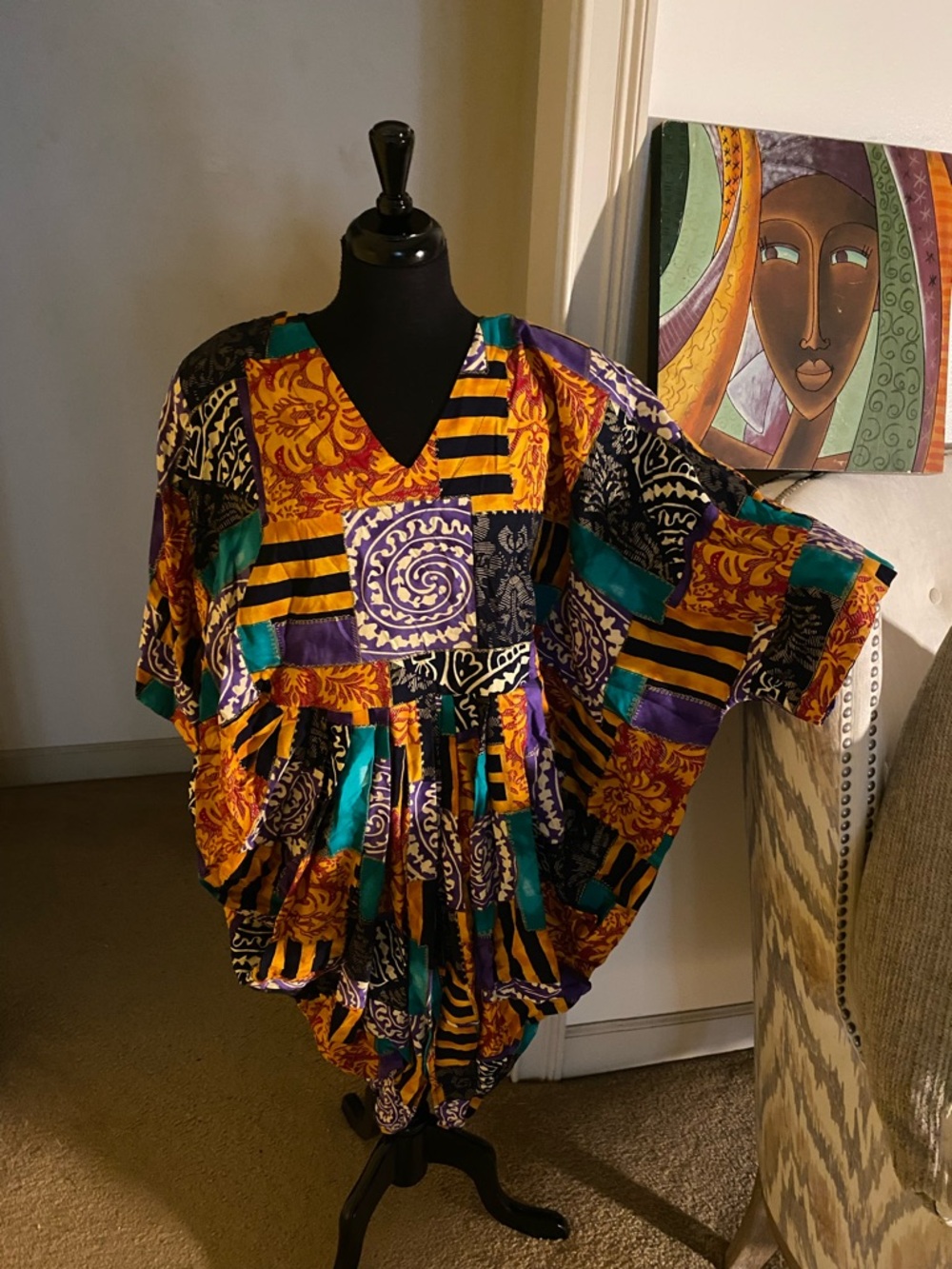Vibrant Patchwork Print V-Neck Caftan Dress - Teal, Purple, Gold